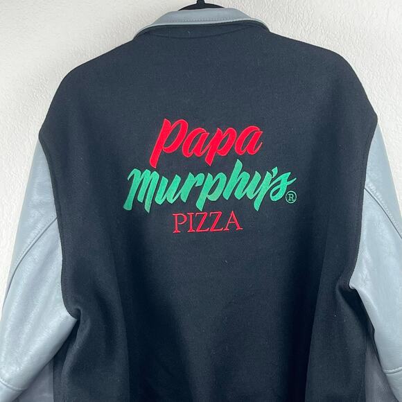1990 Vintage Dehen Papa Murphys Black Gray Leather Wool Varsity Bomber Jacket XL - Picture 6 of 15